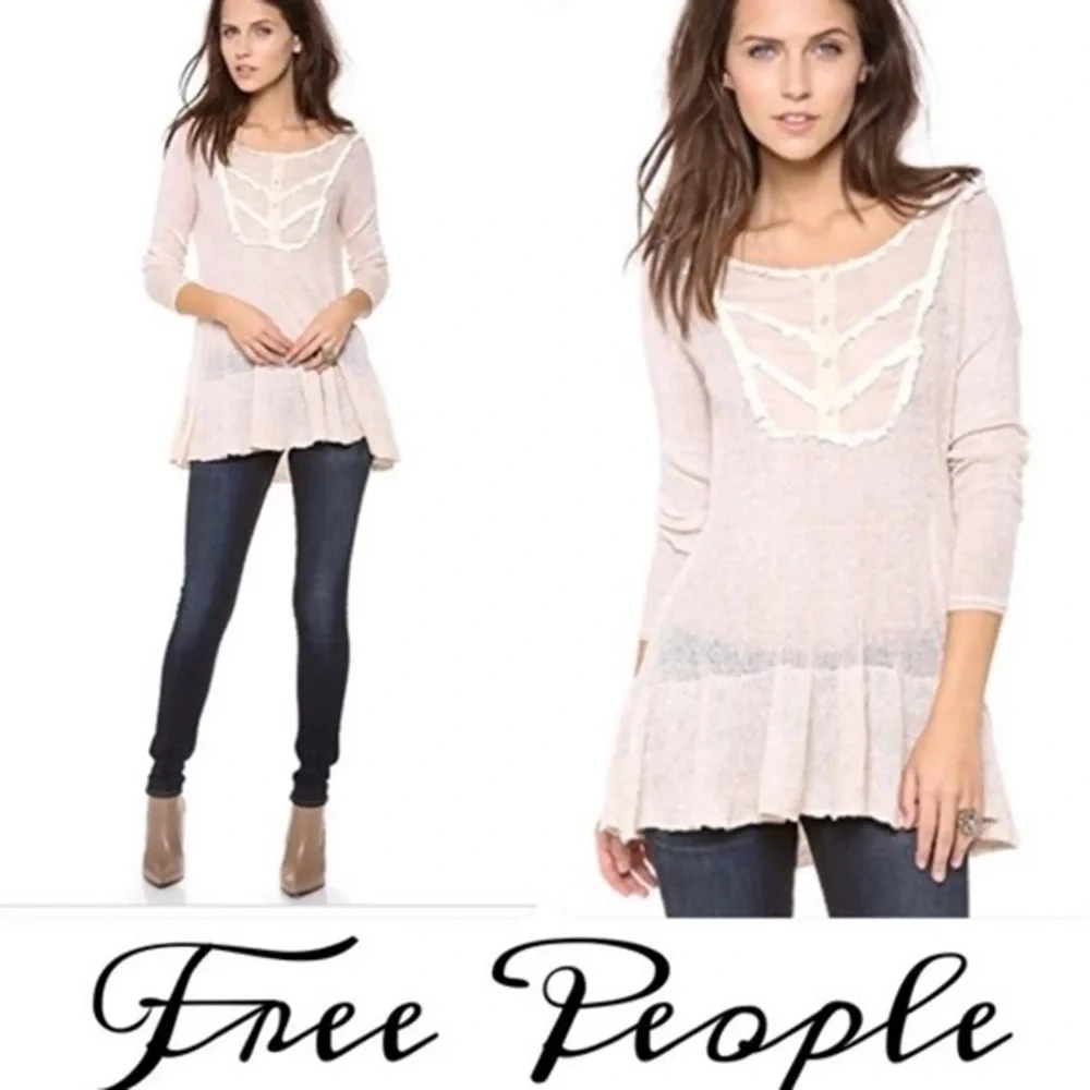 Free People Lace Candy Yoke Linen Pullover Cream Peplum Ruffled Tunic Top boho M